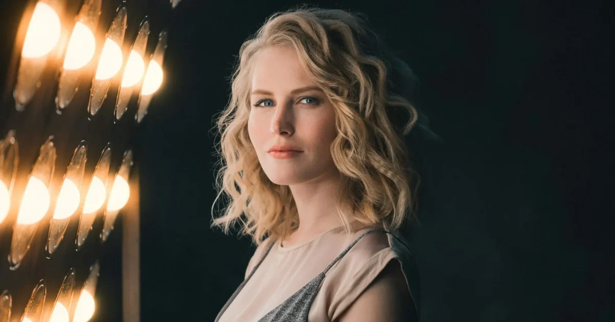 A girl having wavy lob is standing in front of lights.