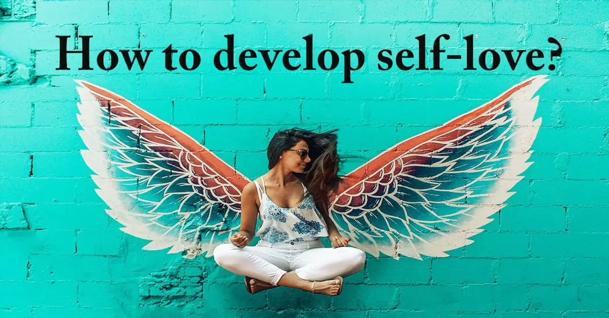 How to create Self-Love? (Poster designed in which a girl is above the ground with wings on the walls)