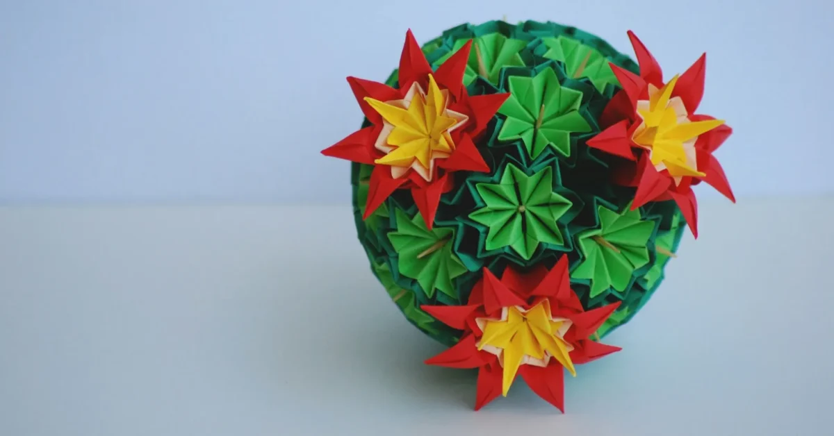 A ball of multi color and multi design and made of paper is shown.