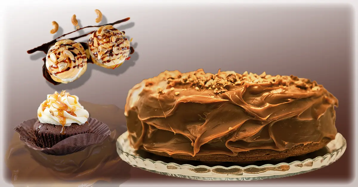 Different types of fat present in caramel. A cake on a plate, a caramel pastry, and 2 other desserts are represented in the featured image.