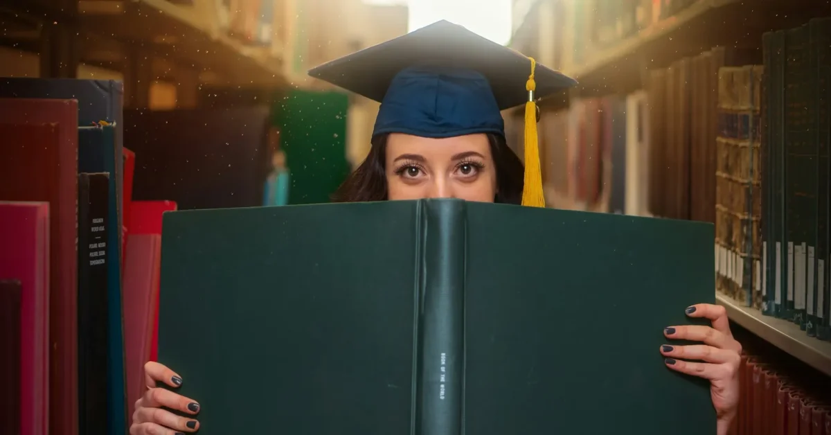 A freshly graduated girl wearing a cap and cover her half face with file of her degree.